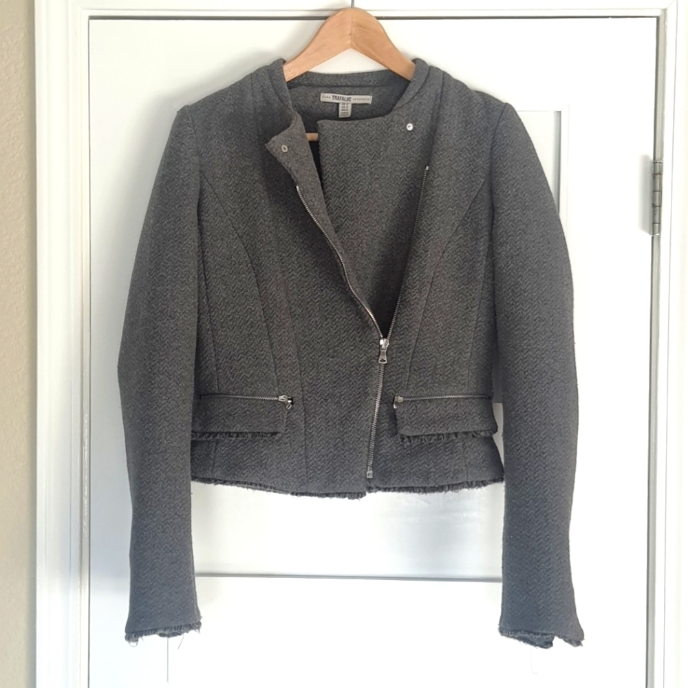 Zara Trafaluc Outerwear Jacket Womens M Gray Moto Fringe Knit